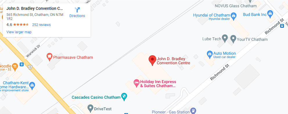 Map showing location of Chatham-Kent John D Bradley Convention Centre
