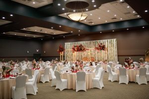 Ballroom with wedding reception and decor